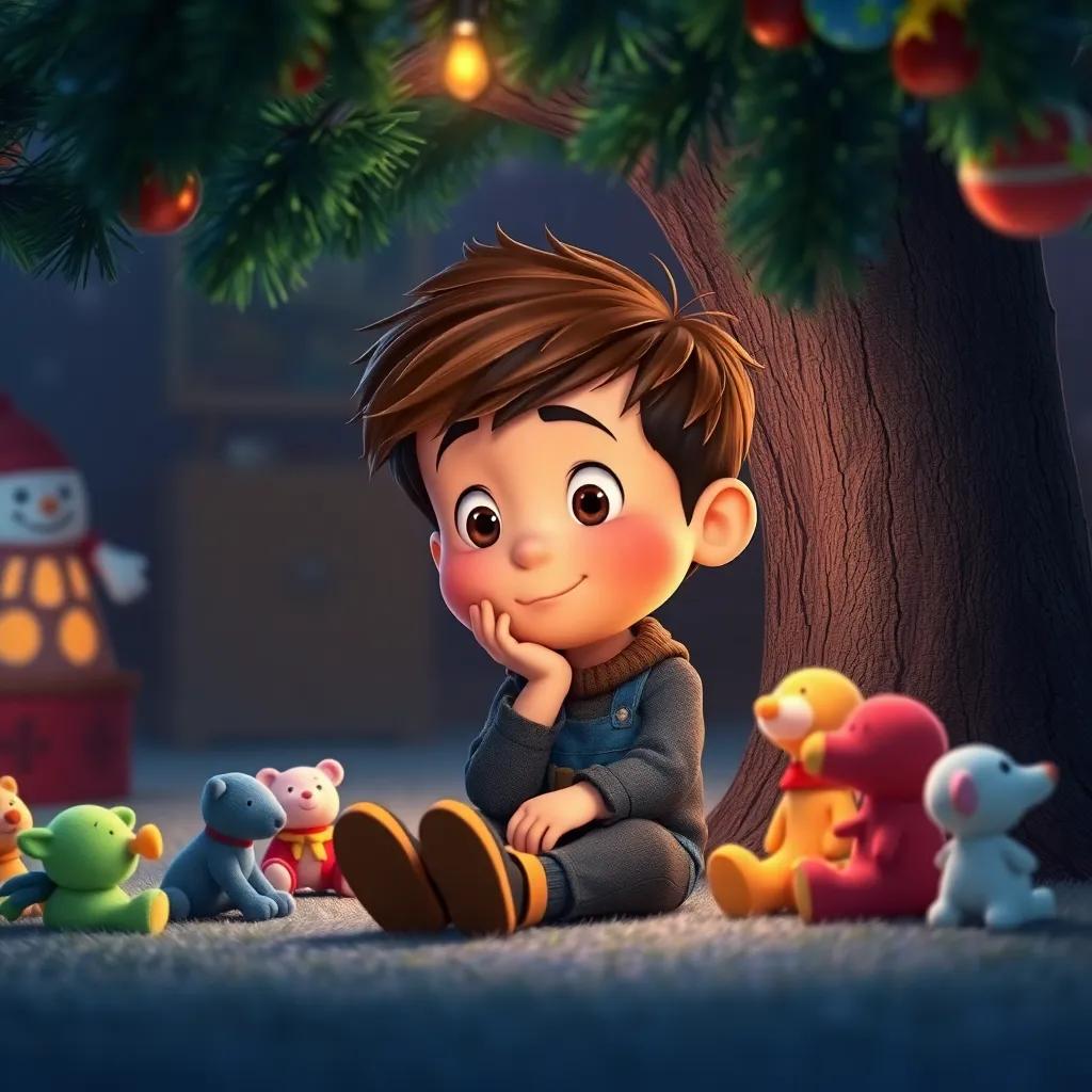 Timmy sitting under the tree with a thoughtful expression, looking at the toys around him, soft glowing light from the tree illuminating his face, peaceful and reflective, high quality