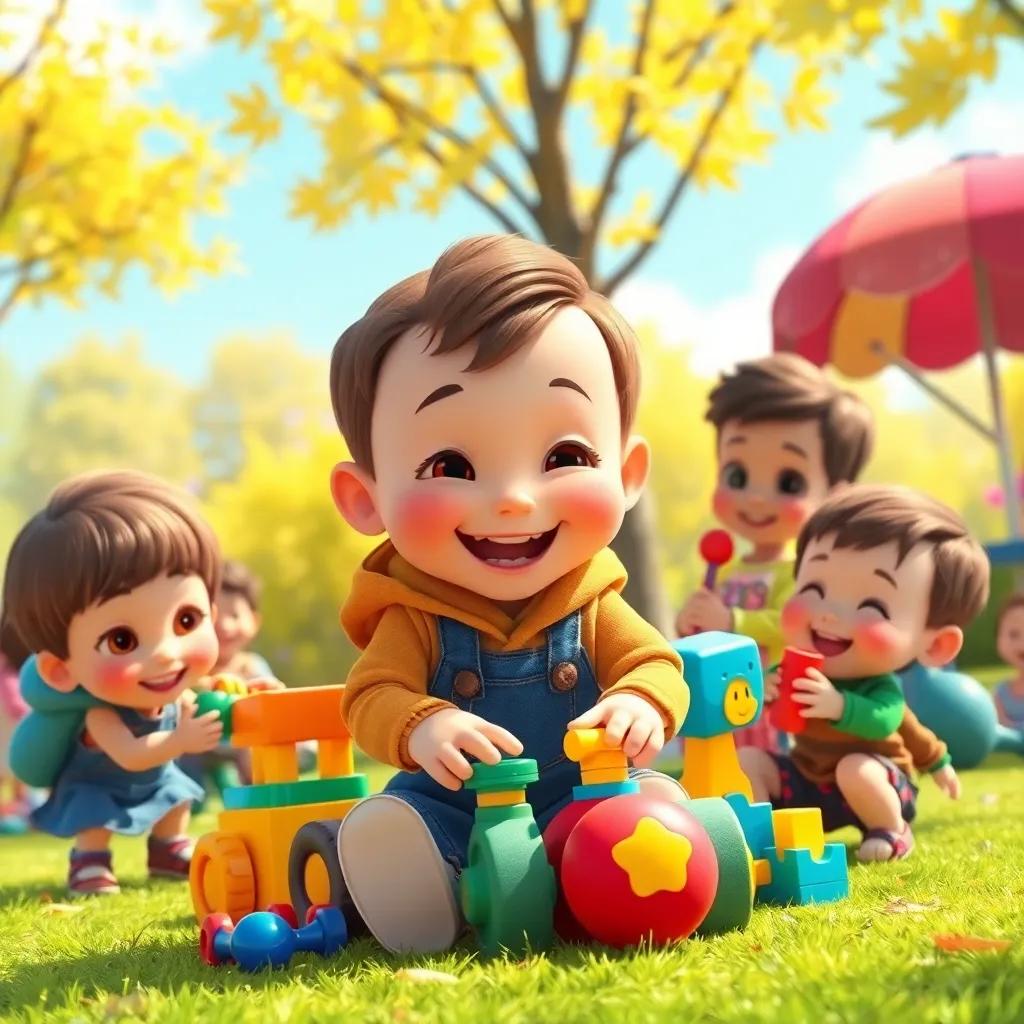 Timmy sharing toys with other children, happiness all around, a sunny park filled with laughter, colors bright and vibrant, heartwarming scene, high quality