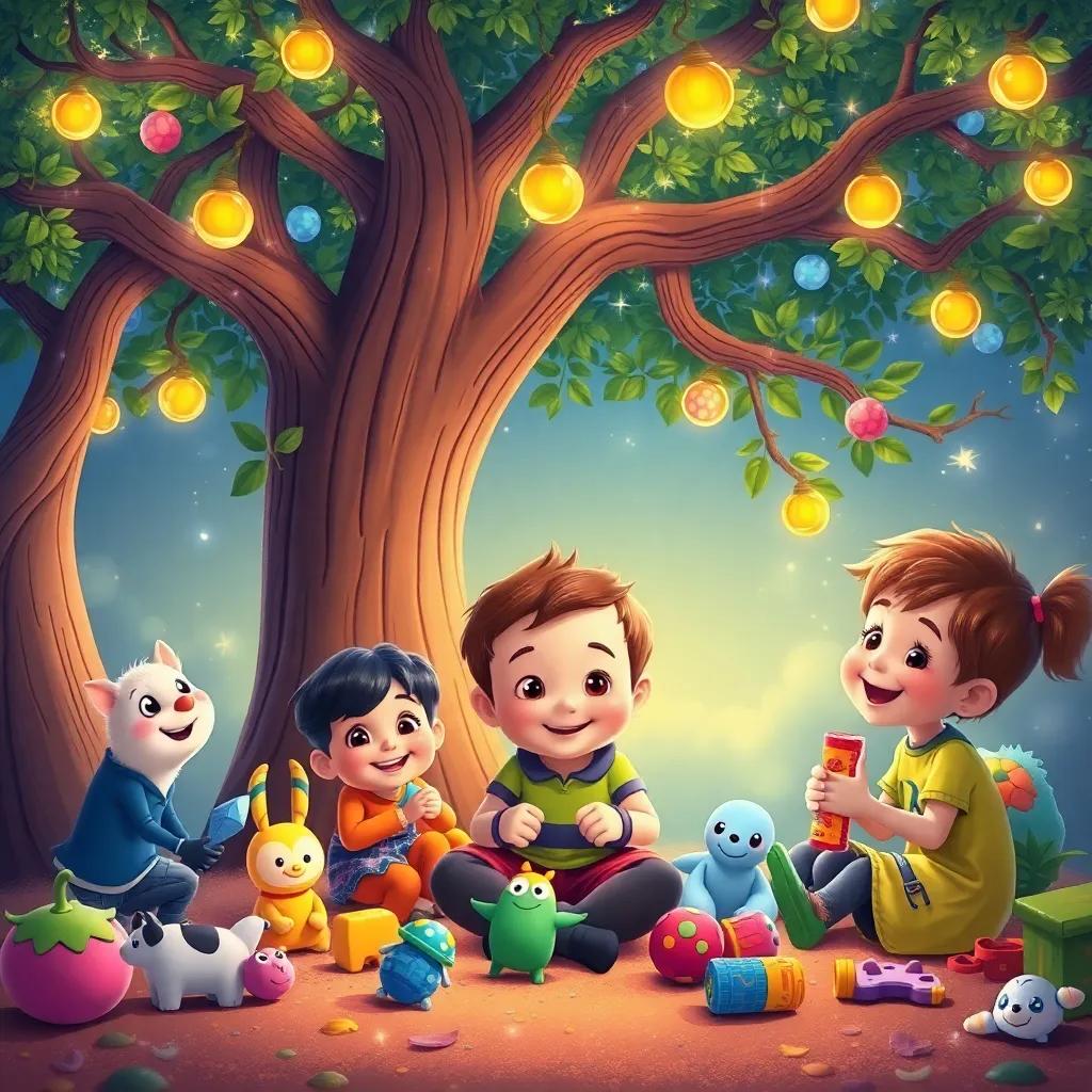 Timmy sitting happily with friends playing with toys, under the magical wishing tree, showcasing friendship and joy, colorful, uplifting atmosphere, high quality