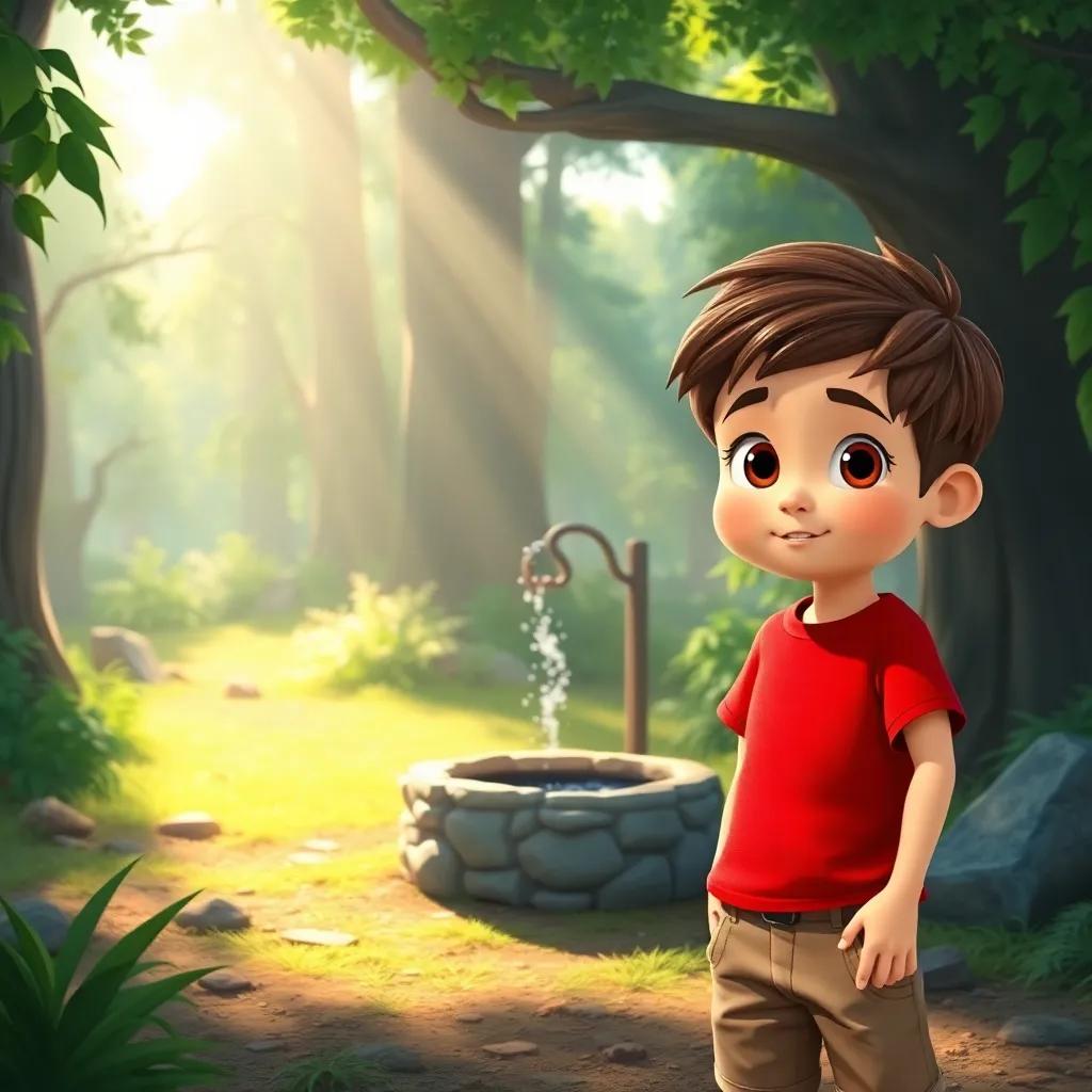 A curious boy named Mark, with short brown hair and wearing a bright red t-shirt and khaki shorts, standing in a sunlit forest clearing with a sparkling well, digital art, vibrant colors, whimsical atmosphere, high quality