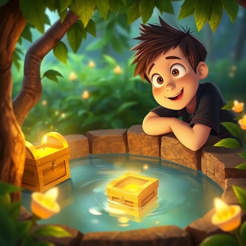 Mark leaning over the well, whispering his wish with wide, excited eyes, as the water shimmers with a magical glow; a golden chest appearing, surrounded by lush green foliage, lively, captivating details, warm light, joyful ambiance