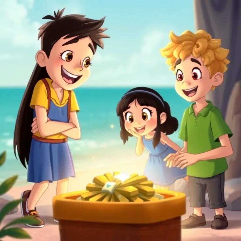 Mark's friends, Mia, a girl with long black hair wearing a blue dress, and Sam, a boy with curly blonde hair in a green shirt, arriving in excitement, looking at the treasure with amazement, cheerful expressions, friendship theme