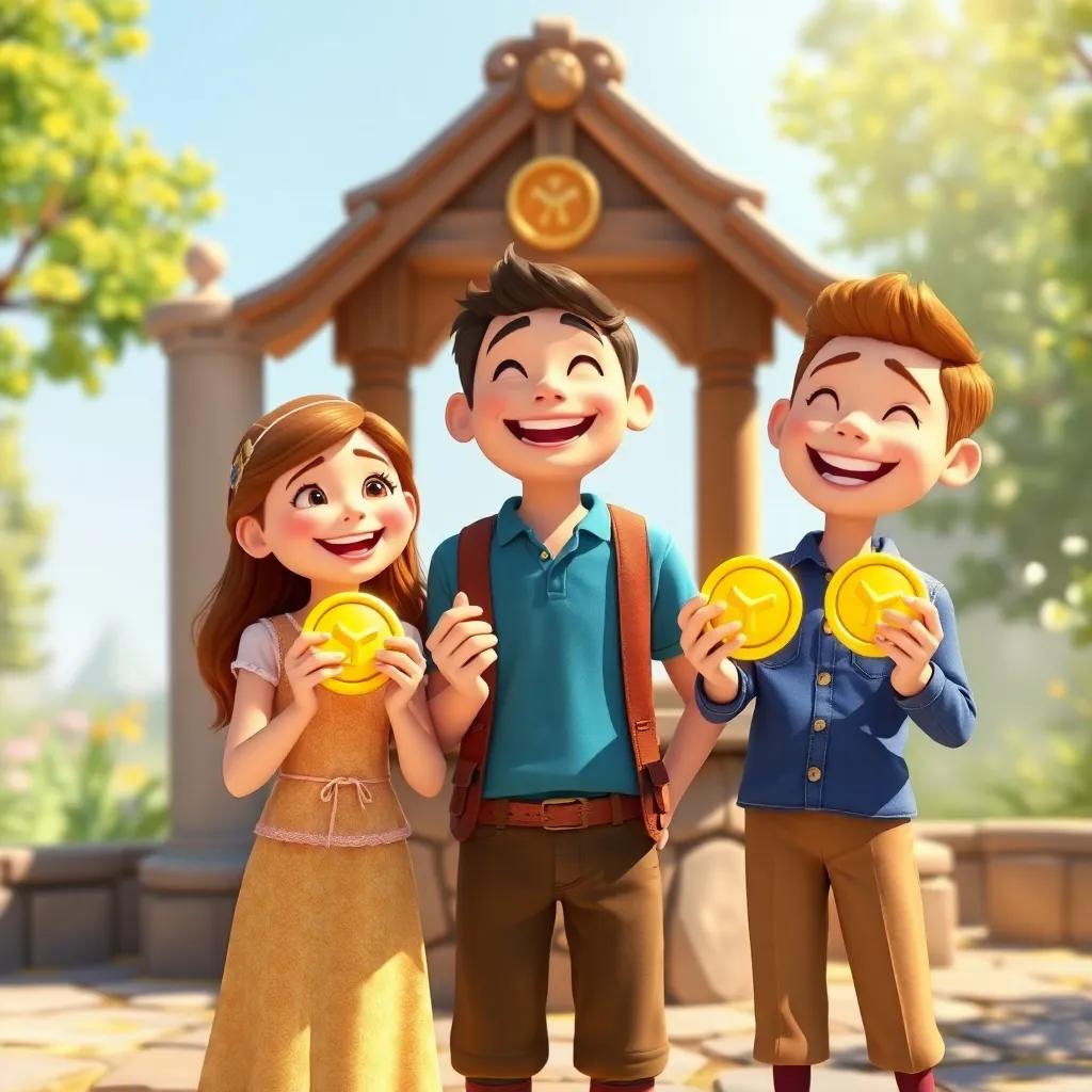 Mark smiling with Mia and Sam, each holding shiny golden coins, standing in front of the wishing well, surrounded by laughter and magic, bright sunny day, vibrant colors, heartwarming scene, high quality