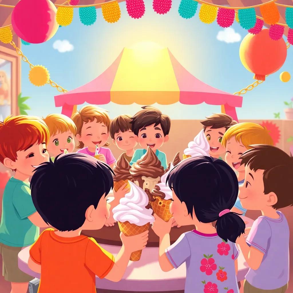 A delightful scene of children gathering around, enjoying endless ice cream, with flavors of chocolate and vanilla, colorful decorations, joyful atmosphere, summer vibe, shining sun, happiness all around