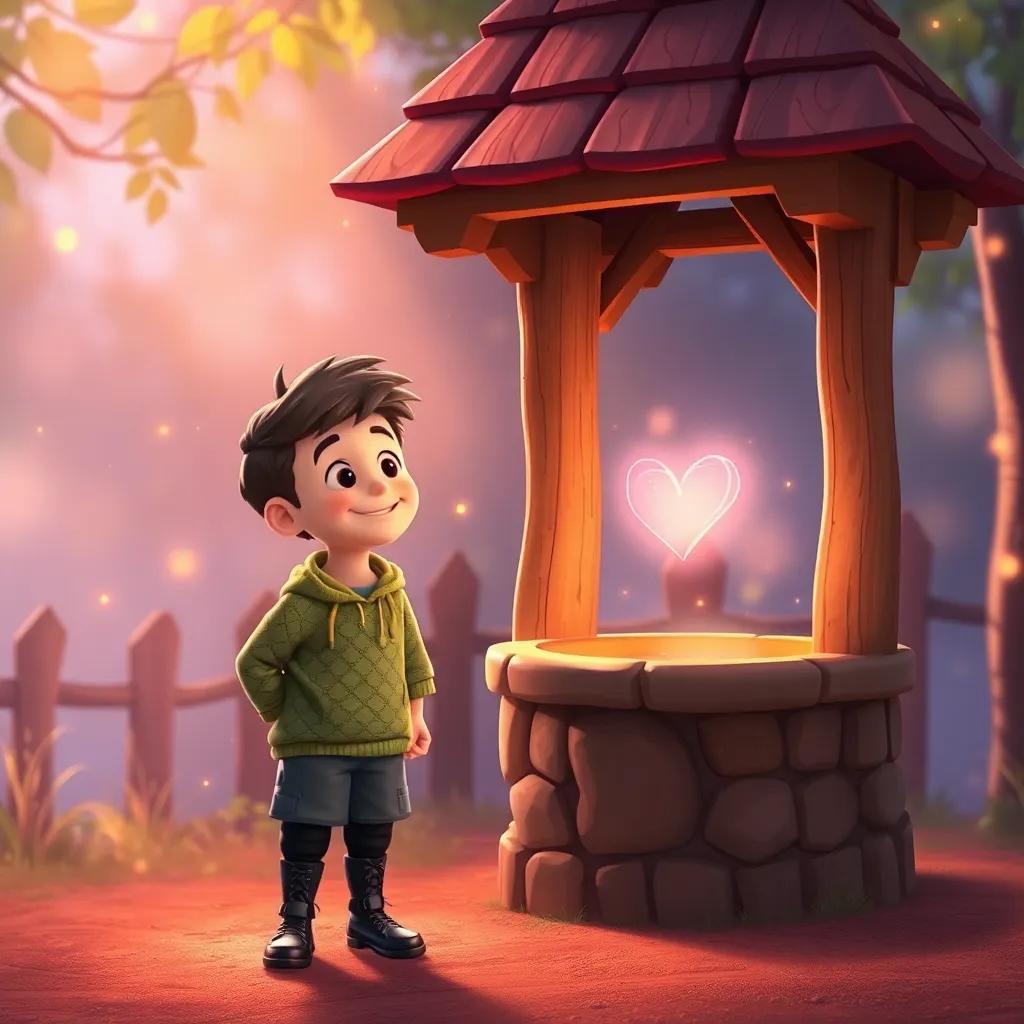 Mark standing by the wishing well, feeling light-hearted and content, as magical sparkles dance in the air around him, a sense of friendship glowing in his heart, warm and inviting scene, friendly vibe