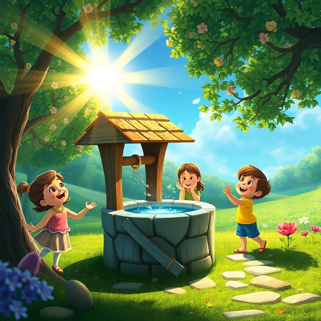 The wishing well with magical light shining brightly, children playing and laughing in a beautiful world full of kindness and love, lovely landscape, enchanting feel, a moment of joy, bright colors