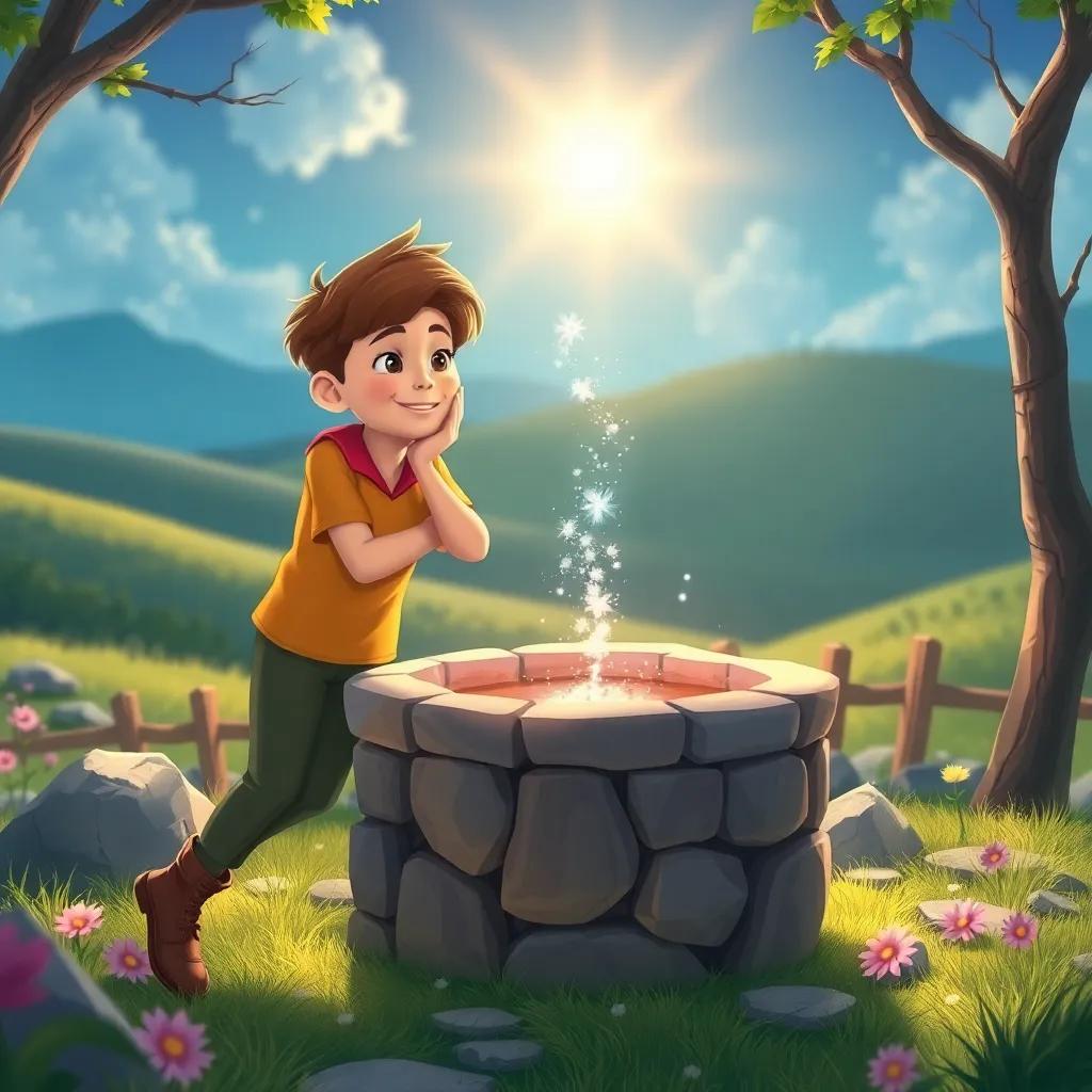 Mark leaning over the well and whispering his heartfelt wish for a wonderful world, the well sparkling with magic, showing landscape of joy, happiness radiating, vibrant details, child-friendly style