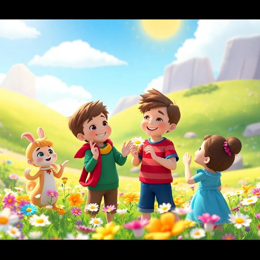 Mark and his friends happily sharing wishes, surrounded by a beautiful landscape filled with flowers and sunshine, embracing the joy of giving and friendship, bright and cheerful scenery