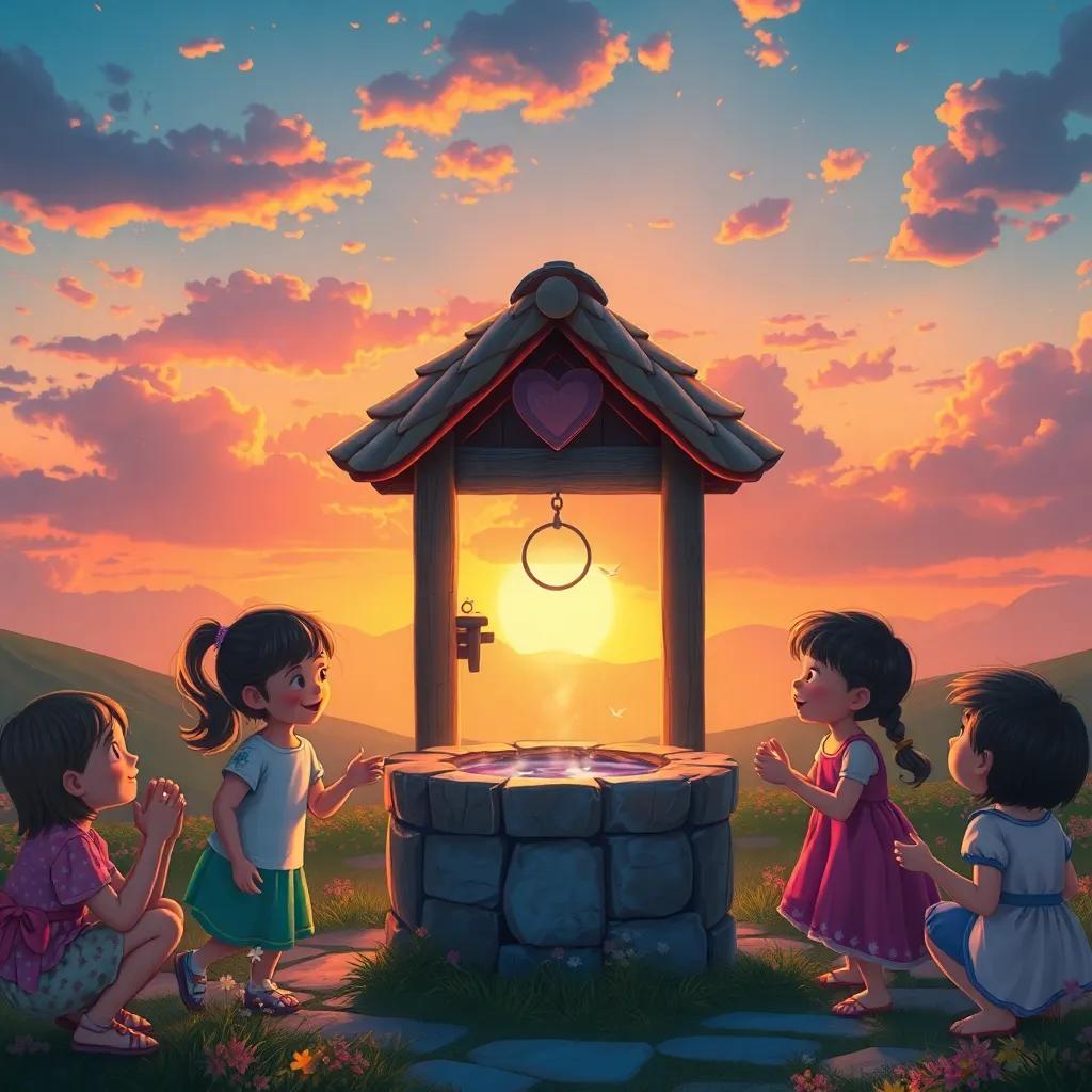 A magical sunset over the wishing well as children gather to share laughter and kindness, creating memories under the colorful sky, enchanting atmosphere, warm light, high quality