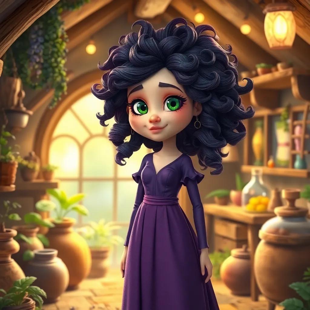 A friendly witch named Elara, with green eyes and wild, curly hair, wearing a long purple dress, standing in her cozy cottage filled with herbs and colorful potions, warm light, inviting atmosphere, fantasy, digital art, highly detailed