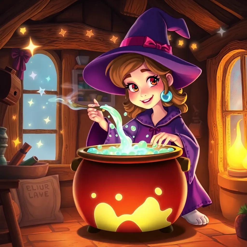 Elara, the witch, mixing a bubbling potion in a big cauldron, colorful sparkles and bright lights swirling around, inside her cottage, magical and cozy, whimsical style, warm tones, high quality