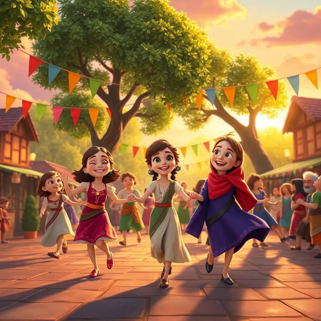 Elara and the villagers dancing in the square, happy faces and joyful expressions, colorful banners hanging from the trees, sunset sky glowing, joyous celebration, vibrant and lively art