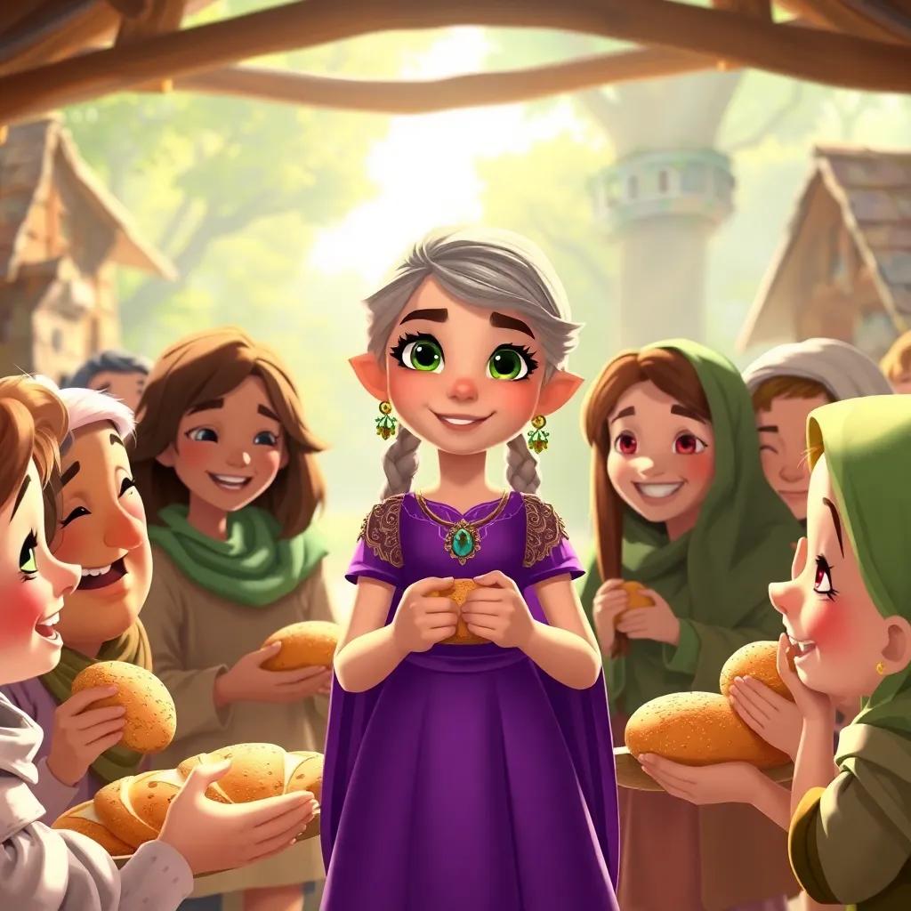 Elara, with green eyes and purple dress, surrounded by happy villagers, enjoying bread and games together, warm and friendly scene, bright sunlight, community spirit, digital painting, heartwarming