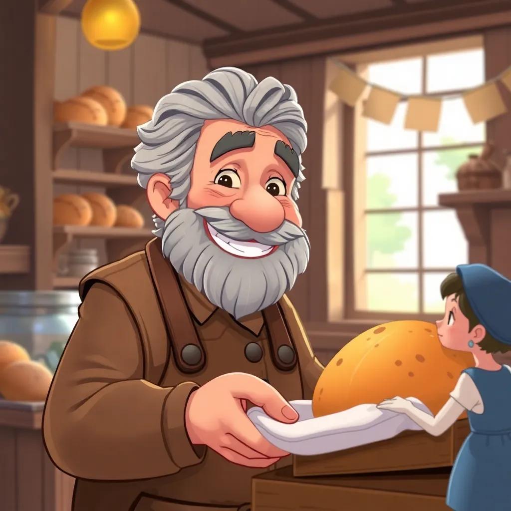 Mr. Crumble, the old baker with gray hair and a big smile, offering bread to Elara and villagers, cozy bakery setting, cheerful and inviting, lighthearted illustration, warm colors