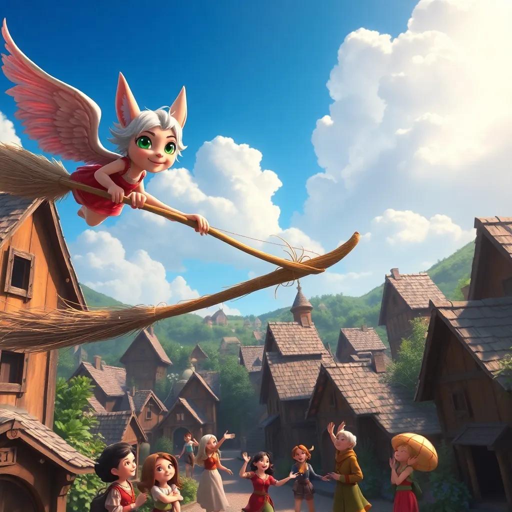 Elara flying above the village on her broom, green eyes sparkling, looking down at happy villagers celebrating, bright blue sky with fluffy white clouds, magical, uplifting art