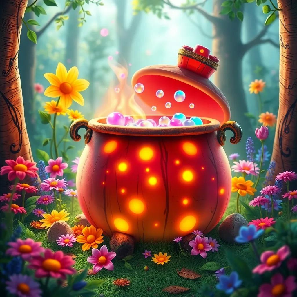 A big pot of friendship potion with colorful glows, surrounded by flowers and herbs, magical forest setting, enchanting and whimsical, bright vibrant colors, highly detailed