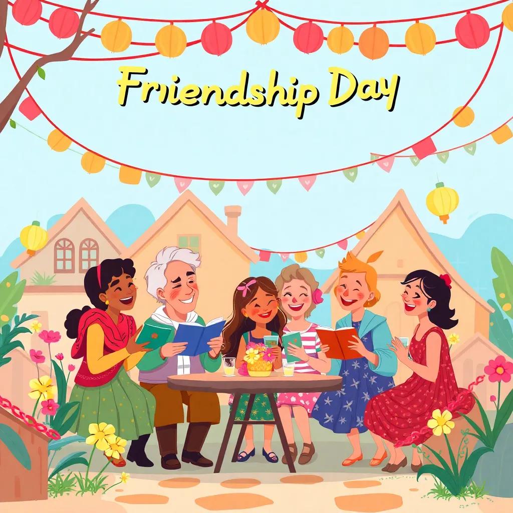 Villagers celebrating Friendship Day with colorful decorations, sharing stories and laughter, warm and inviting setting, community celebration, cheerful atmosphere, illustration style