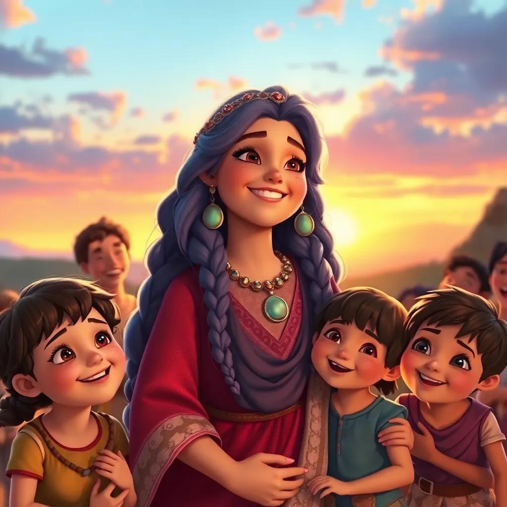 Elara, now beloved by the villagers, with children and friends around her, smiling at the sunset, joyful and warm scene, heartwarming depiction, vibrant colors, imagining a bright future