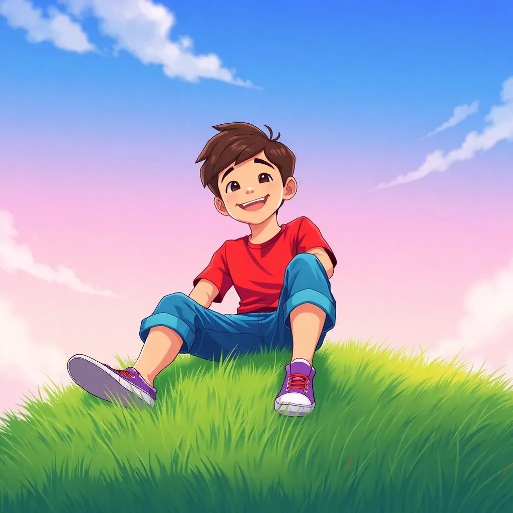 A cheerful boy, Max, with short brown hair, wearing a bright red t-shirt and denim shorts, sitting on a grassy hill with a blue sky above, digital art, vibrant colors, joyful atmosphere, high quality