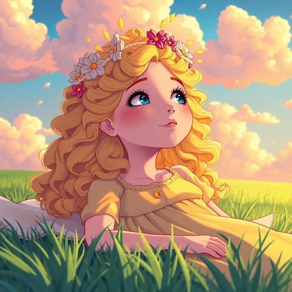 A girl, Luna, with curly blonde hair, wearing a yellow dress and a flower crown, lying on a grassy field, looking up at fluffy clouds, colorful illustration, warm light, imaginative scene, high quality