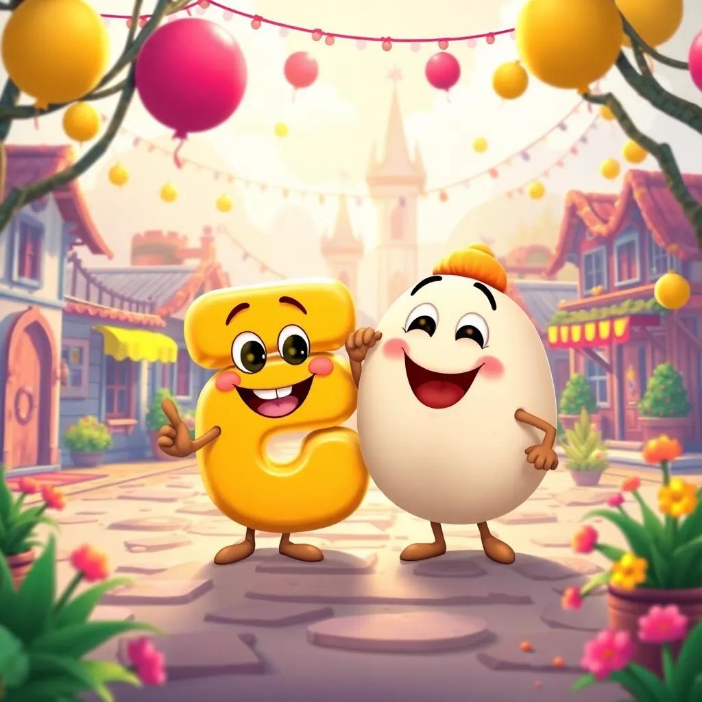 The friendly letter ذ with its best friend Baa, a round and bouncy letter, preparing for a festive party in a cheerful town named Alif, full of laughter and excitement, illustration, joyful colors, dynamic perspective, engaging details, high quality