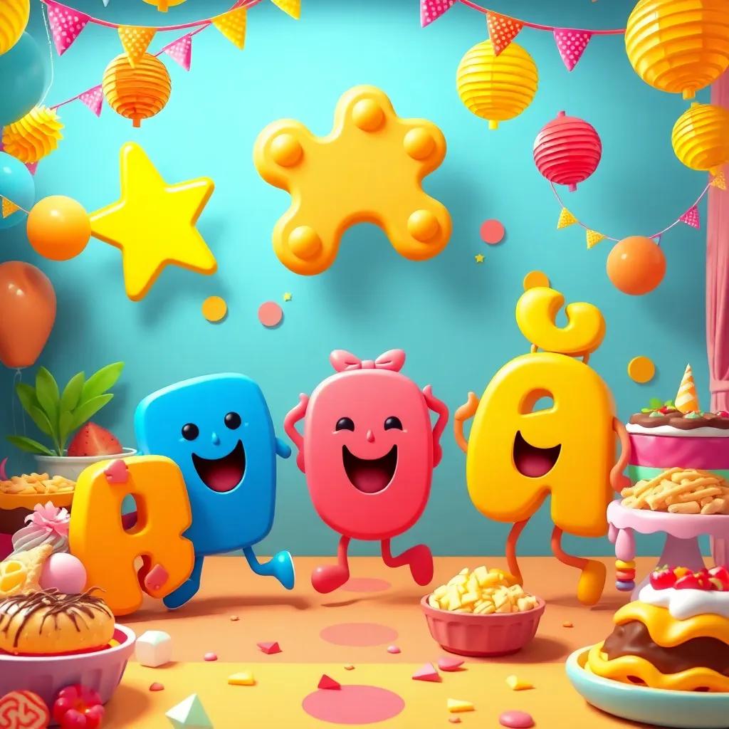 A vibrant party scene with the letters ذ, ج, and ش dancing joyfully under a giant letter ت, colorful decorations and delicious snacks all around, child-friendly atmosphere, celebration theme, bright colors, storytelling view, high quality