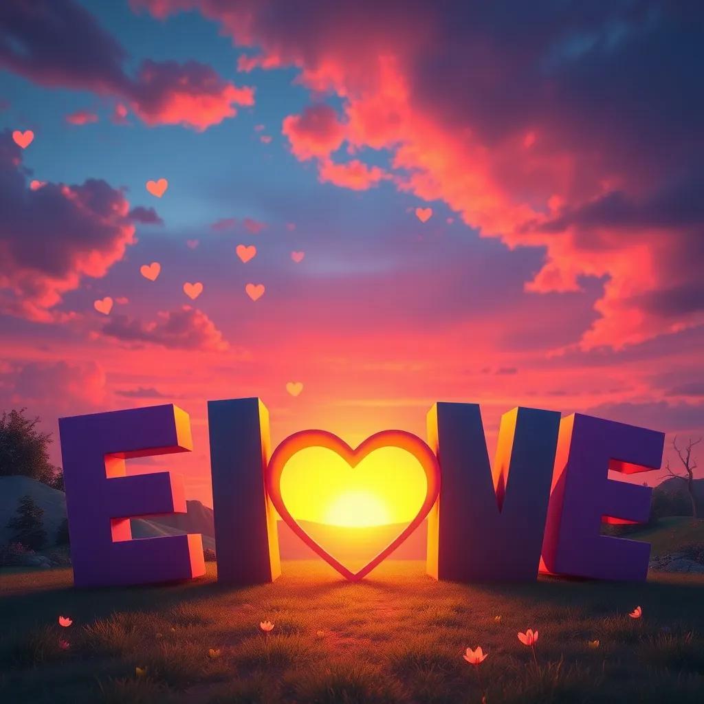 An enchanting sunset as the letters gather around the letter ذ, sharing about friendship, with twilight colors painting the sky, hearts glowing, whimsical landscape, dreamy aura, brightening colors, storytelling perspective, high quality
