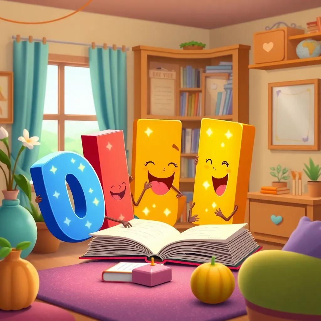 The letters excitedly collaborating together to write a wonderful storybook, with the letter ذ leading and bright illustrations, filled with laughter and creativity, cozy room atmosphere, warm colors, heartwarming view, high quality