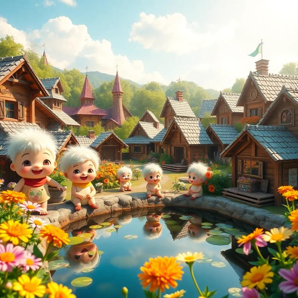 The Wee's, tiny folk with cheerful faces, living in a vibrant town surrounded by flowers, little wooden houses, sunlight shining on a calm pond, digital art, bright colors, lively atmosphere, high quality