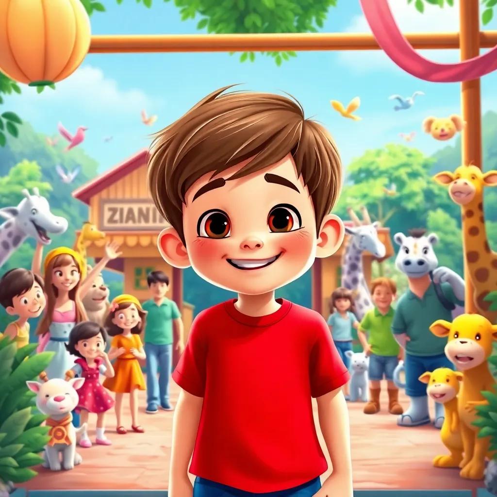 A young boy, Timmy, with short brown hair, wearing a red t-shirt and blue shorts, entering a vibrant zoo with cheerful families and animals in the background, illustration, colorful and joyful, lively atmosphere, high quality