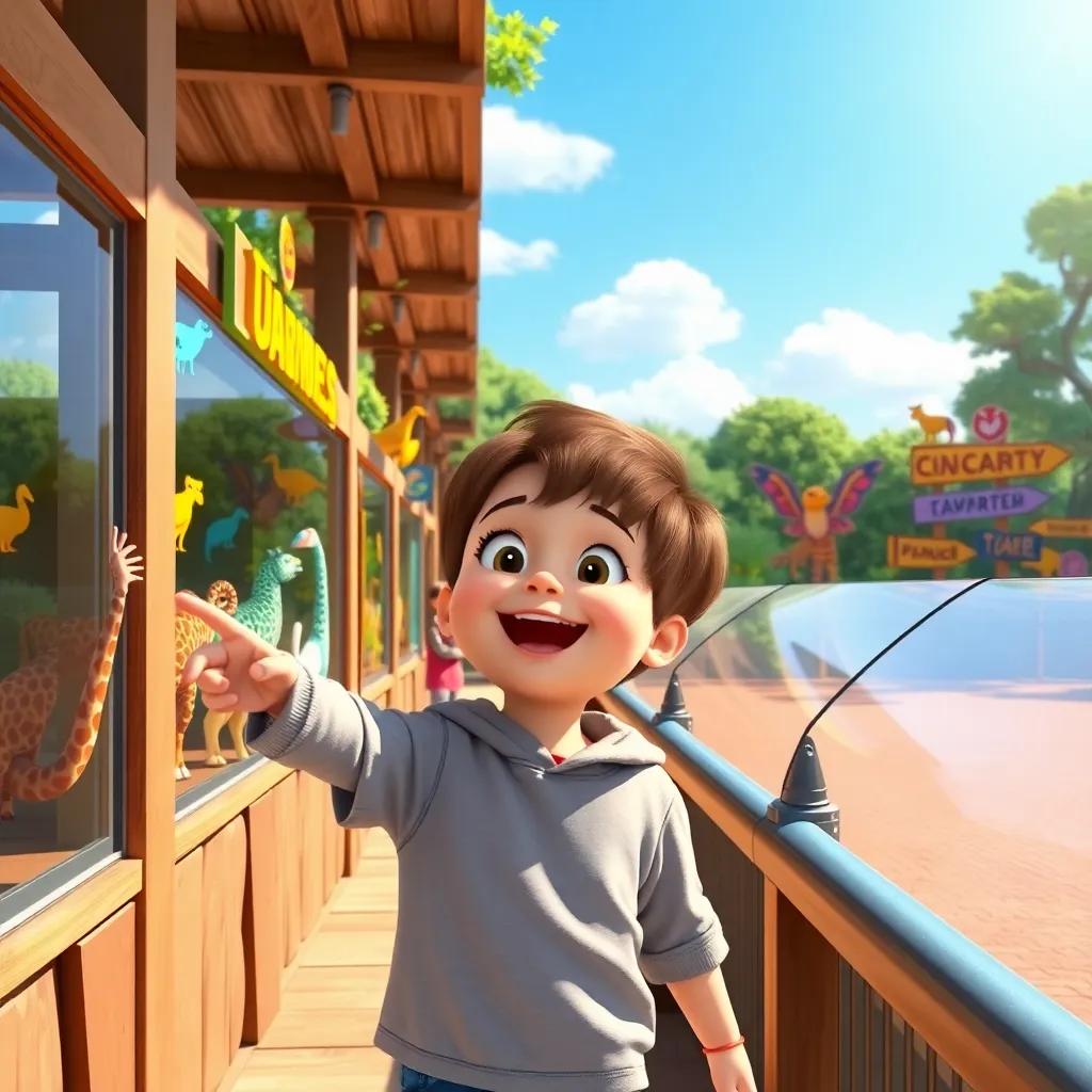A child at the zoo, excited and pointing at animal exhibits, with colorful animal signs in the background, bright sunny day, cheerful atmosphere, digital art, vibrant colors, high quality