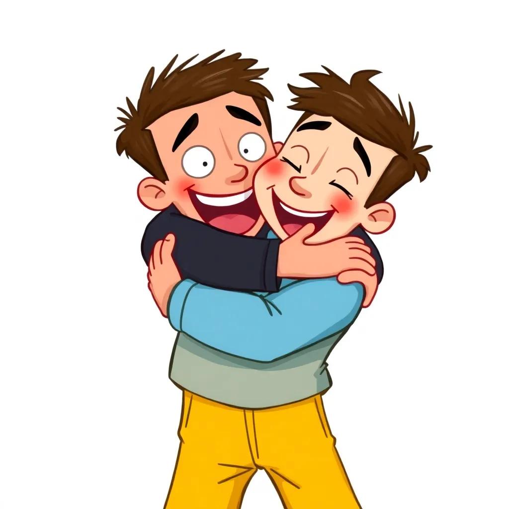Theo joyfully hugging his nervous friend Johny, exaggeratingly squeezing him between his leg and torso, with expressive faces and funny cartoon expressions, colorful, lively scene, playful energy.
