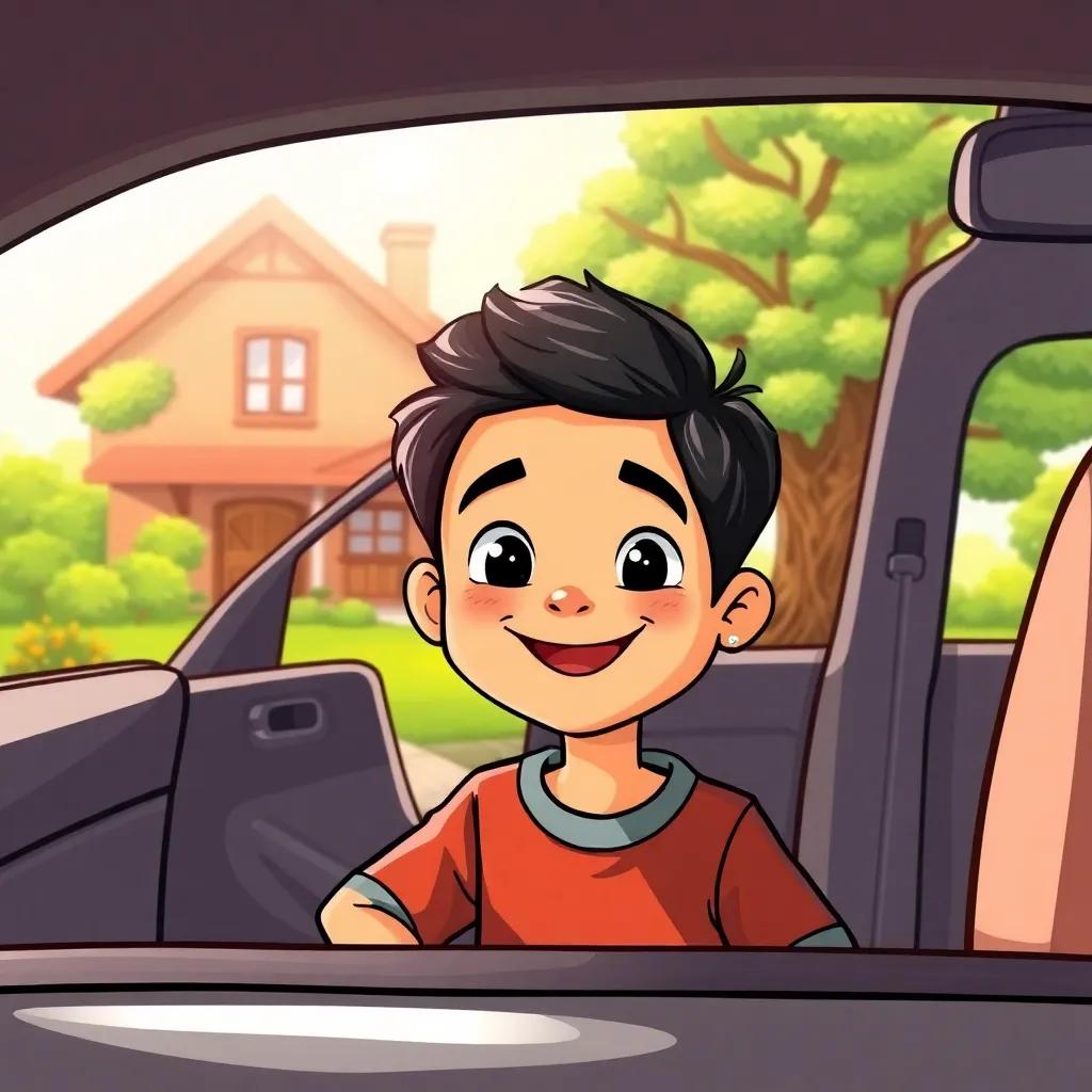 A young boy, Ahmed, with short black hair and a big smile, getting out of a car in front of a cozy house with a big tree in the yard, warm sunlight shining down, cheerful vibe, colorful, child-friendly illustration