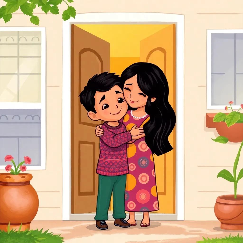 A young boy, Ahmed, with short black hair, hugging his mother at the door of a cozy house, his mother has long black hair and is wearing a colorful dress, warm family moment, bright and inviting atmosphere, illustration