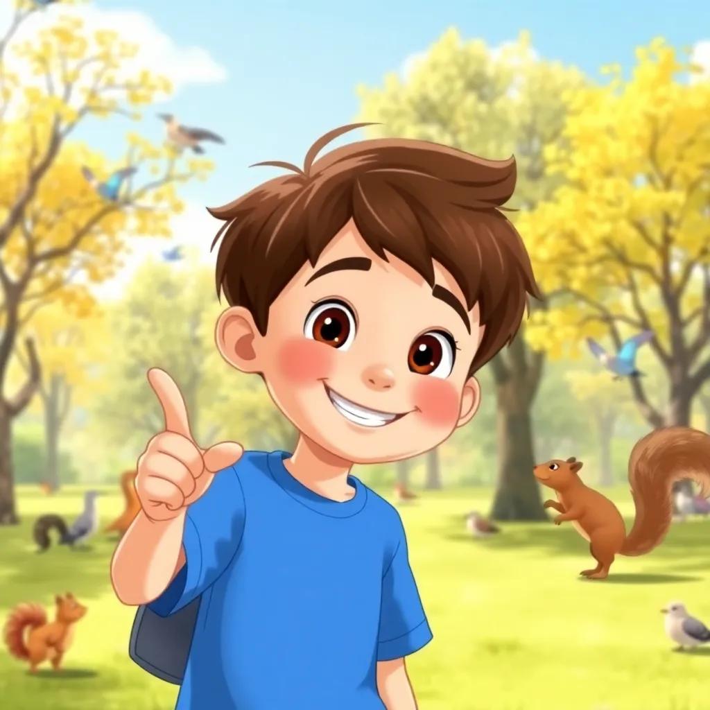 A young boy, Thomas, with short brown hair and wearing a blue t-shirt and shorts, smiling and pointing at a squirrel in a sunny park filled with trees and birds, illustration, cheerful, colorful, playful atmosphere, high quality