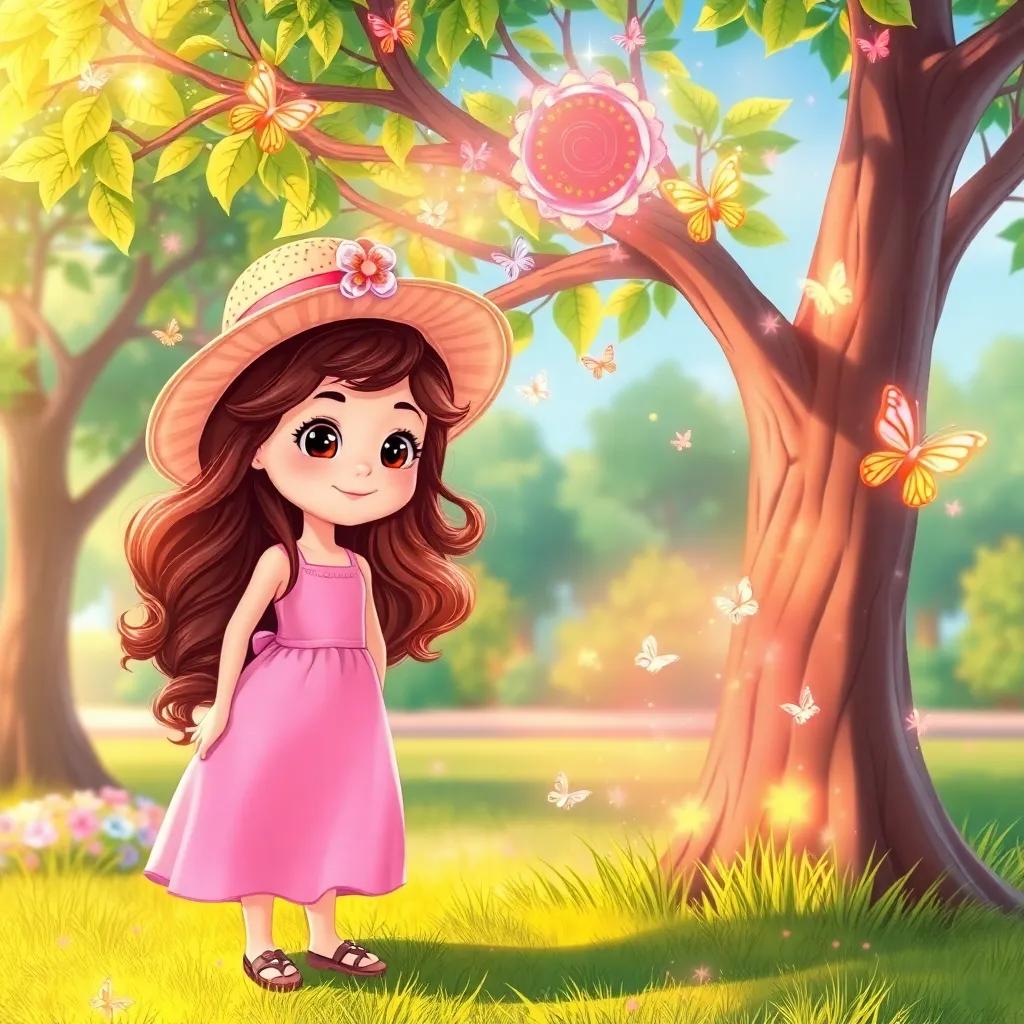 A young girl, Sienna, with long wavy hair, wearing a pink dress and a sun hat, standing next to a magical tree with sparkling leaves and colorful butterflies, in a sunny park, illustration, whimsical, vibrant colors, enchanting scene, high quality