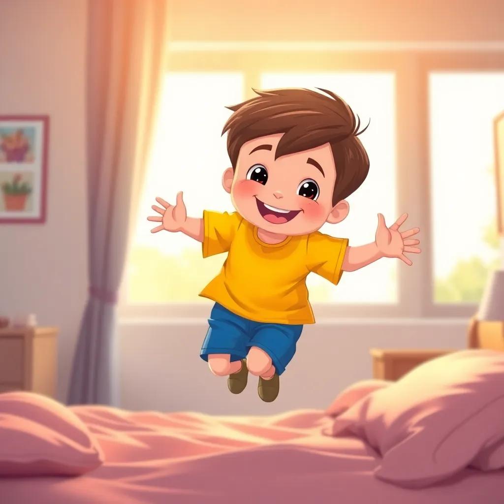A little boy, Thomas, with short brown hair and wearing a bright yellow t-shirt and blue shorts, jumping out of bed with a big smile, morning light shining through the window, cheerful atmosphere, high quality