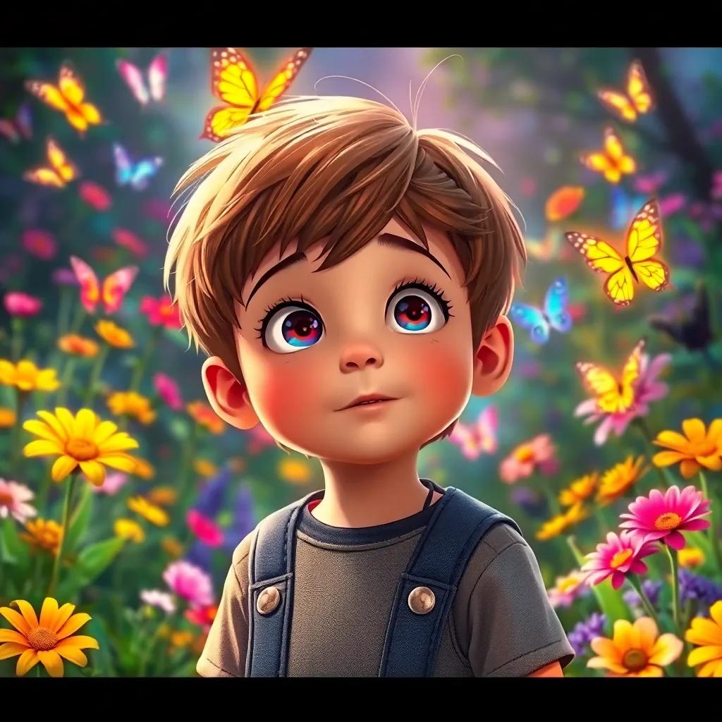 Thomas, a little boy with short brown hair, standing in a vibrant garden full of colorful flowers and fluttering butterflies, wide-eyed in awe, magical atmosphere, detailed digital art, bright colors, enchanting mood