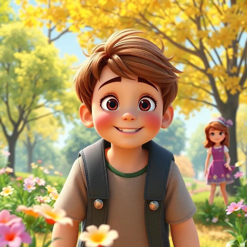 A young boy, Thomas, with brown hair and almond-shaped eyes, playing in a sunny park with his friend Sofia, vibrant trees and flowers, cheerful atmosphere, bright colors, digital art, engaging and lively
