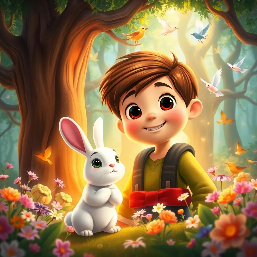 A magical forest with dancing trees and singing birds, Thomas, a young boy with brown hair and almond-shaped eyes, and Biscoito, a talking white rabbit, surrounded by fantasy flowers, colorful, enchanting light, a sense of adventure, detailed illustration