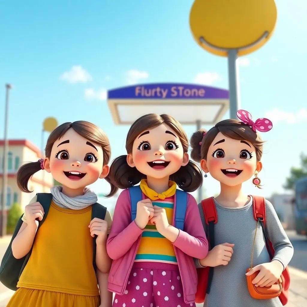 Three girls, Sarah, Lily, and Emma, with bright smiles and colorful clothes, excitedly waiting at a bus stop, sunny day, cheerful atmosphere, digital art, bright colors, child-friendly, high quality