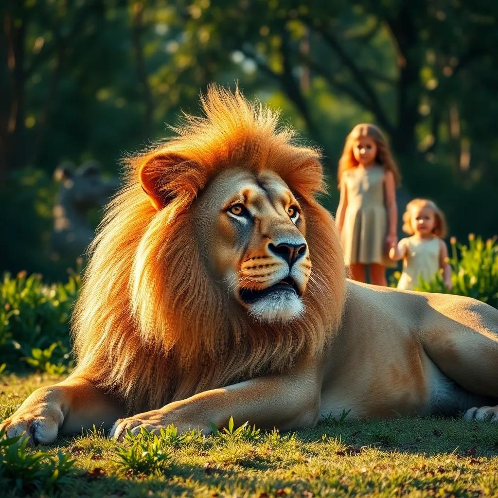 A majestic lion lying in the sun, with a golden mane, surrounded by lush greenery, three girls in the background watching with awe, realistic style, warm light, vibrant colors, detailed, high quality
