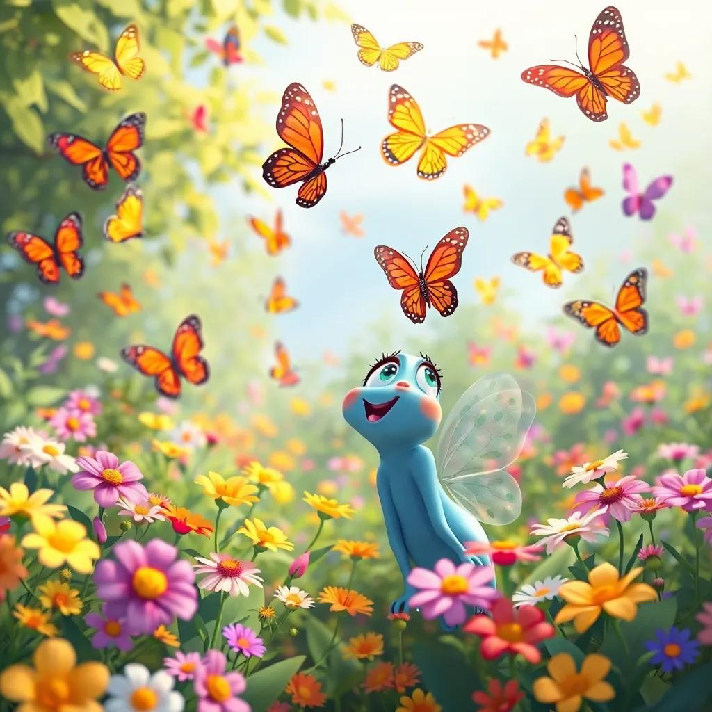 A vibrant garden filled with colorful butterflies dancing in the air, with Tilly looking amazed, flowers blooming everywhere, illustration, joyful, child-friendly, high quality