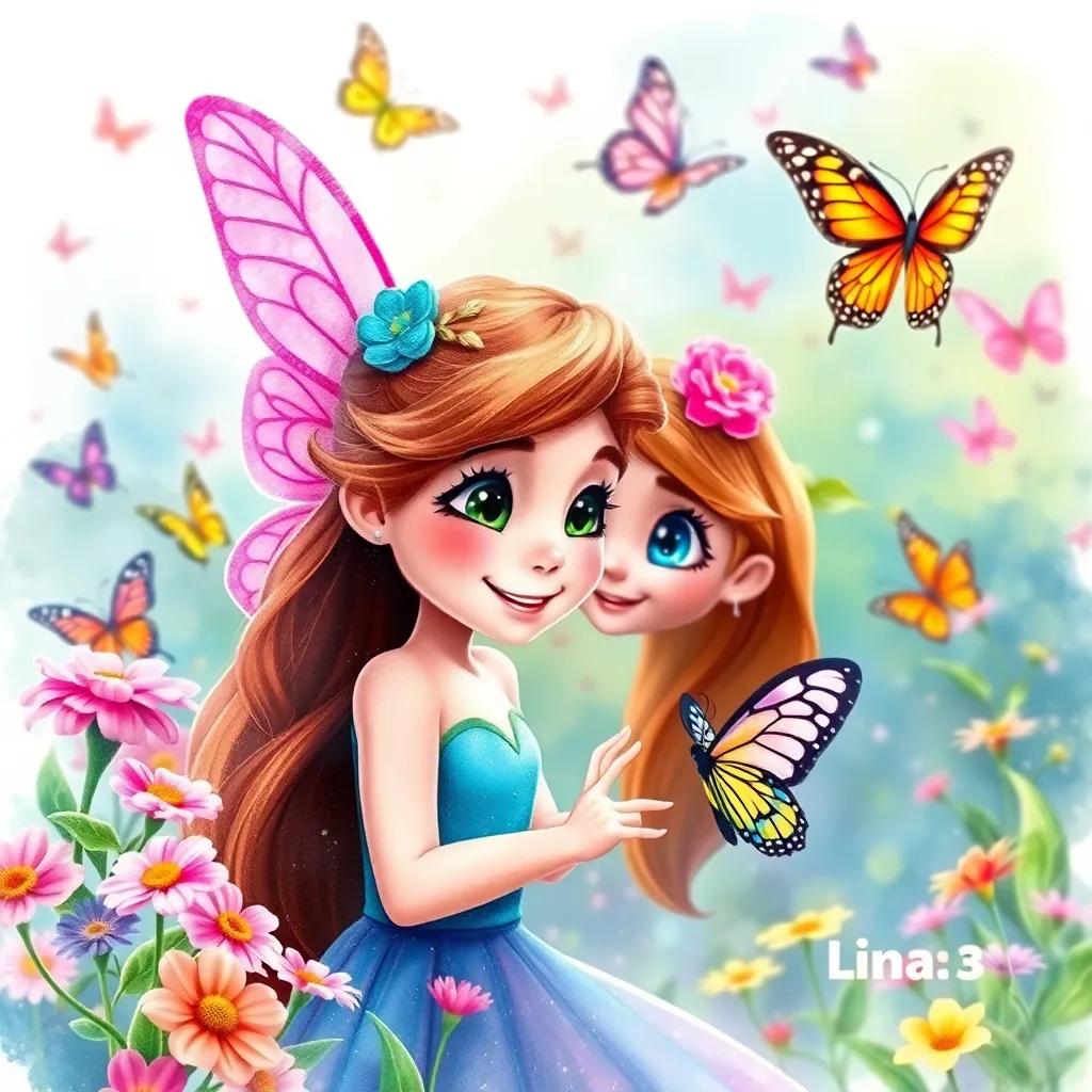 A friendly fairy named Lina, with butterfly wings, smiling at Tilly in the magical garden, surrounded by butterflies and flowers, watercolor style, enchanting, bright colors, high quality
