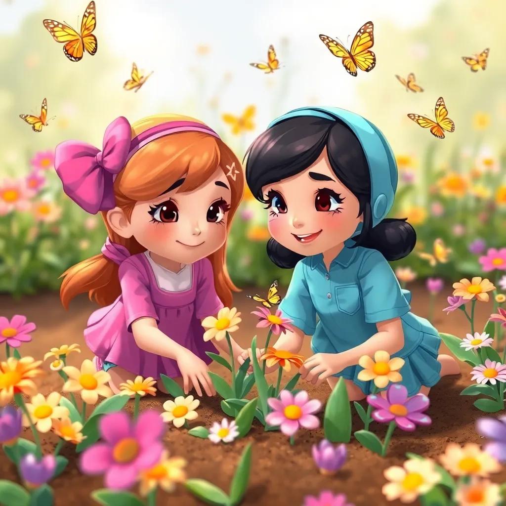 Tilly and Lina planting flowers together, with butterflies fluttering around, close-up view, cheerful, colorful and lively atmosphere, illustration, high quality
