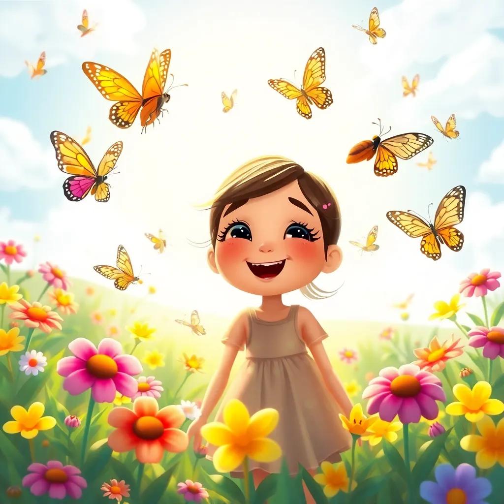 Tilly and butterflies buzzing happily around her, with flowers blooming in a bright sun, showing joy and friendship, digital painting, bright, uplifting, child-friendly, high quality