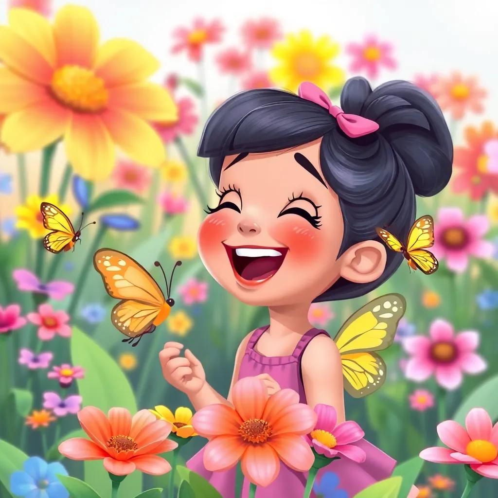 Tilly laughing with her new butterfly friends, colorful garden backdrop with vibrant flowers, capturing moments of joy, illustration, lively and engaging, high quality