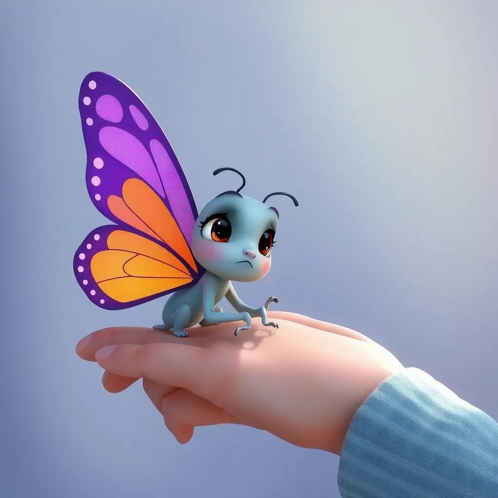 A sad butterfly with a broken wing, resting on Tilly's hand, showing her concern and care, soft and gentle lighting, emotional yet hopeful, illustration, high quality