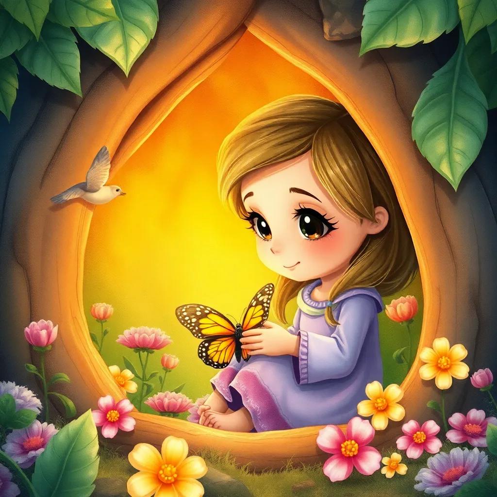 Tilly caring for the butterfly in a small leafy home made of soft leaves and flowers, with hope in her eyes, watercolor style, warm colors, high quality