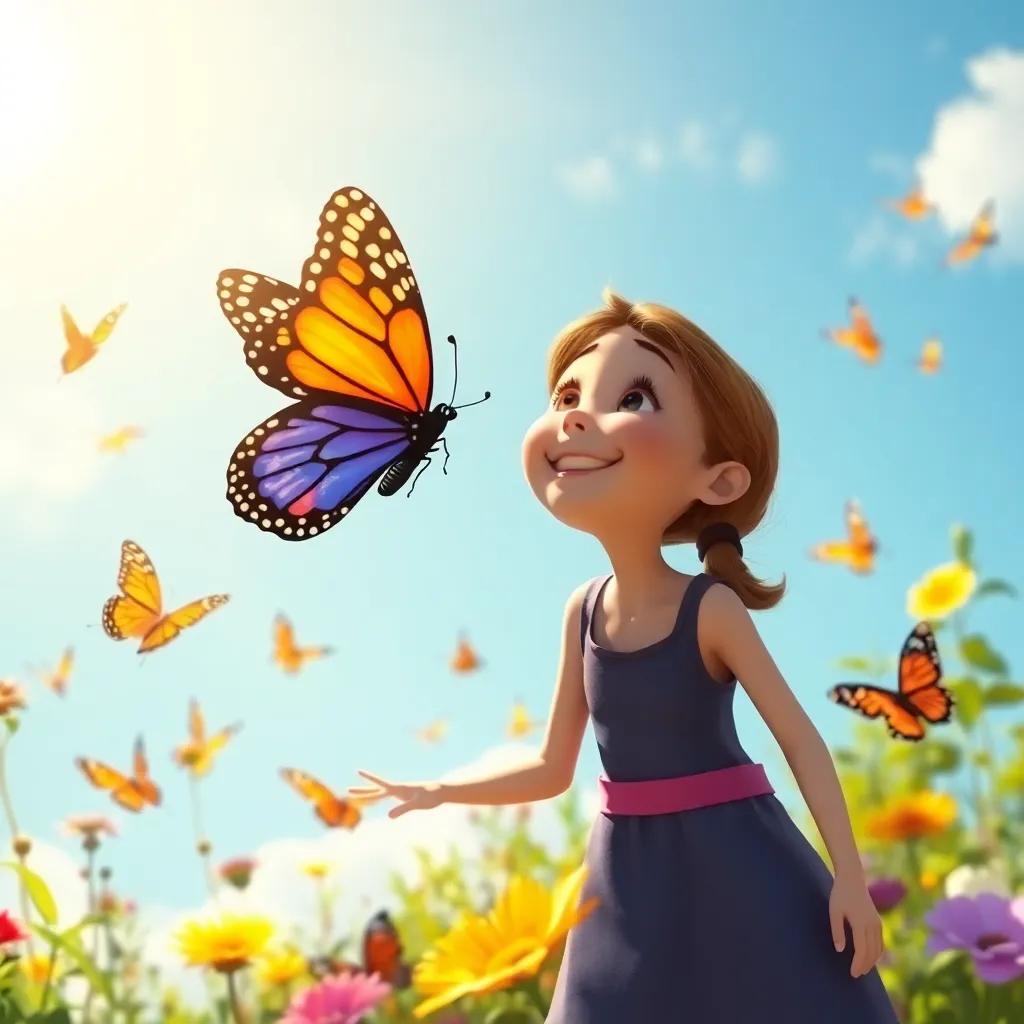 Tilly releasing the healed butterfly into the garden, flying among other butterflies, moment of joy and freedom captured, bright sky and sunny setting, digital art, uplifting, high quality